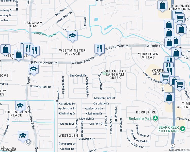 map of restaurants, bars, coffee shops, grocery stores, and more near 16618 Newglen Lane in Houston