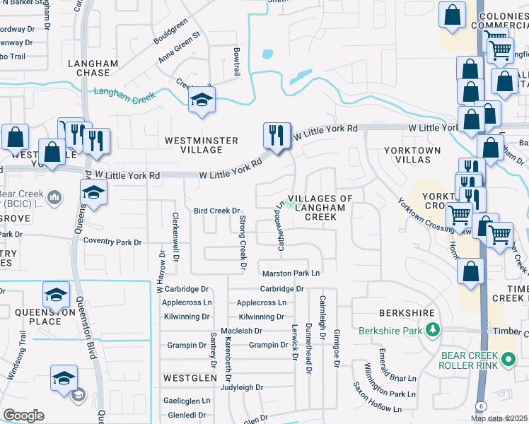 map of restaurants, bars, coffee shops, grocery stores, and more near 16618 Newglen Lane in Houston