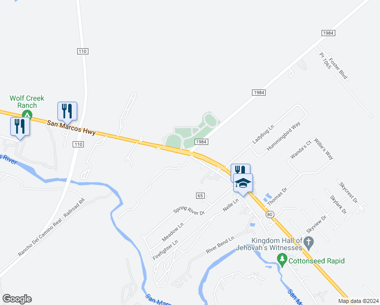 map of restaurants, bars, coffee shops, grocery stores, and more near NW River Rd & San Marcos Hwy in Martindale