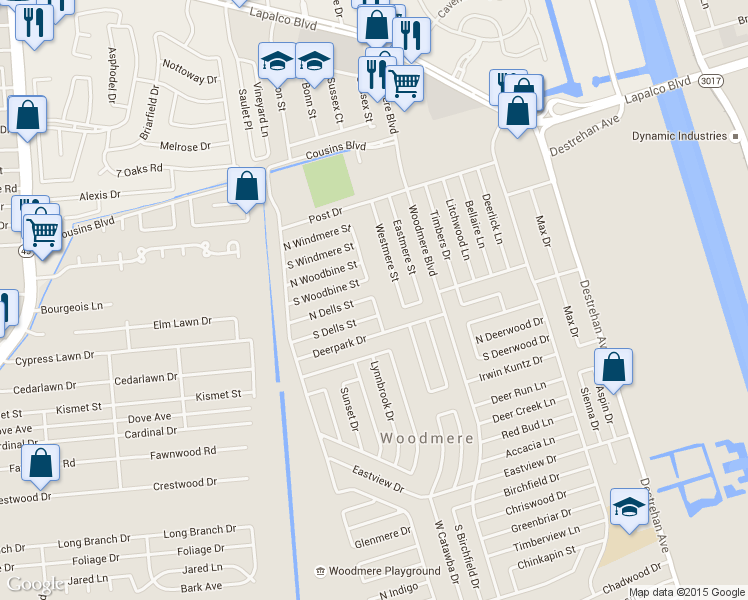 map of restaurants, bars, coffee shops, grocery stores, and more near 3901 Dells Court in Harvey