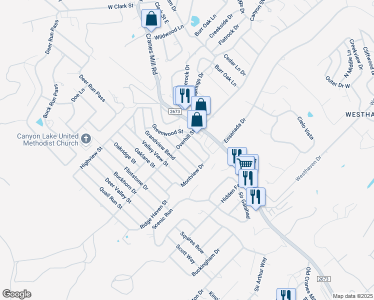 map of restaurants, bars, coffee shops, grocery stores, and more near 1221 Overhill Street in Canyon Lake
