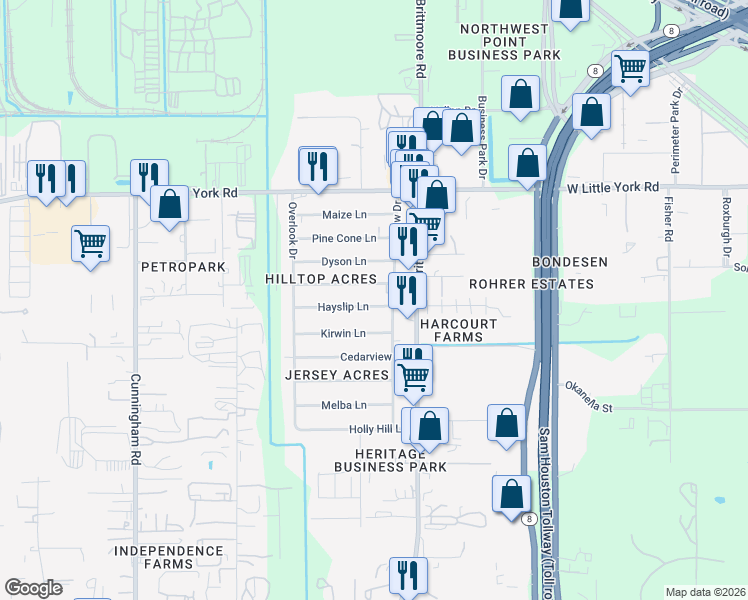 map of restaurants, bars, coffee shops, grocery stores, and more near 11015 Hanning Lane in Houston