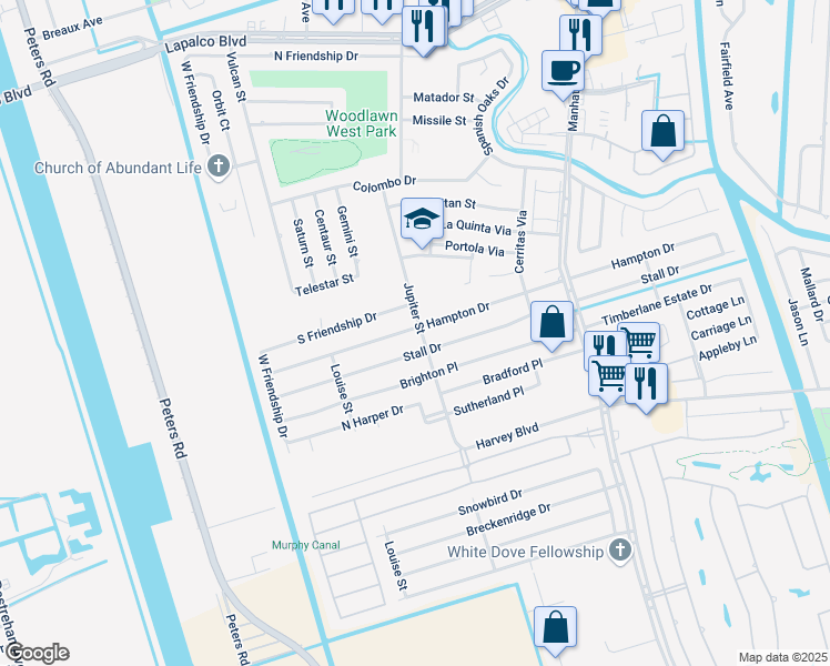map of restaurants, bars, coffee shops, grocery stores, and more near 2720 Jupiter Street in Harvey