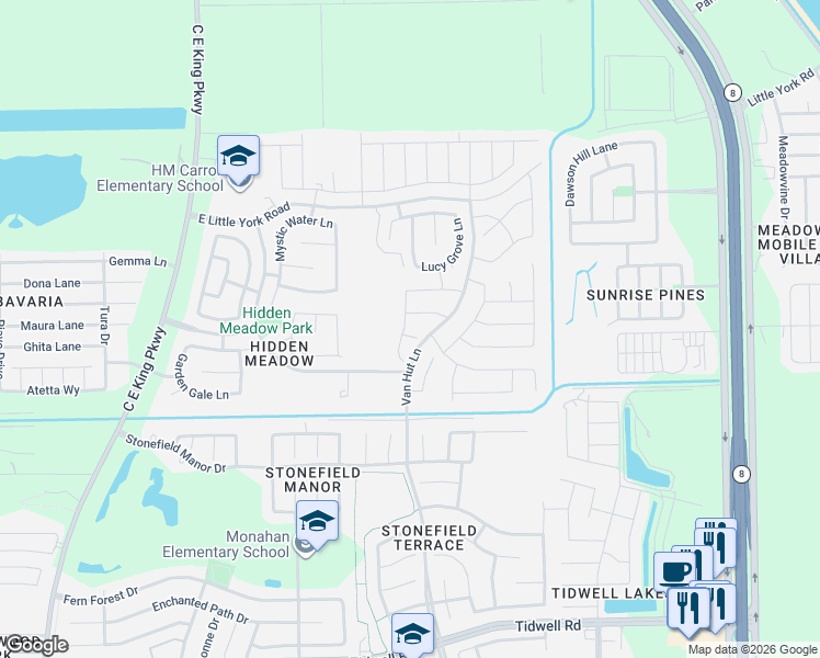 map of restaurants, bars, coffee shops, grocery stores, and more near 9907 Swindale Ridge Lane in Houston
