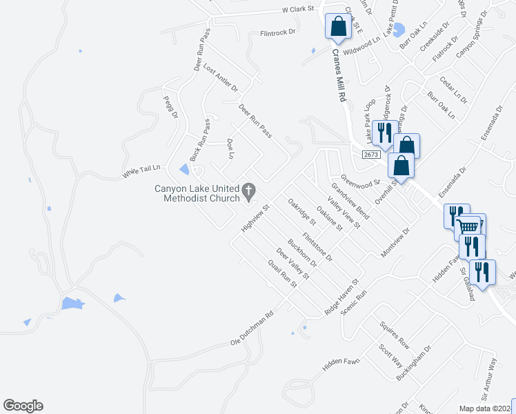 map of restaurants, bars, coffee shops, grocery stores, and more near 840 Highview Street in Canyon Lake