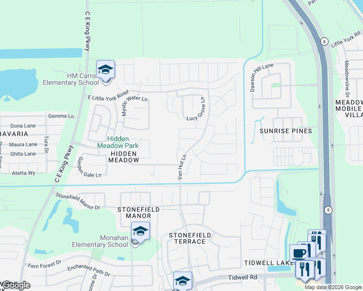 map of restaurants, bars, coffee shops, grocery stores, and more near 9907 Swindale Ridge Lane in Houston