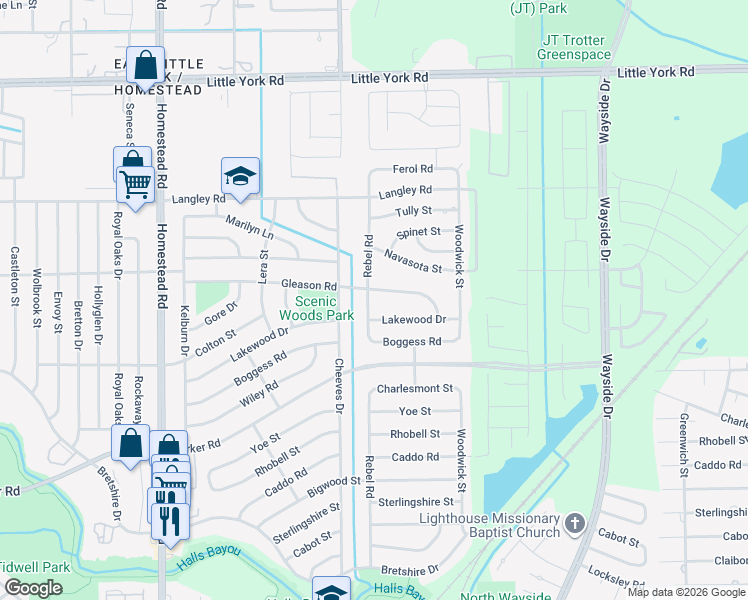 map of restaurants, bars, coffee shops, grocery stores, and more near 10347 Rebel Road in Houston