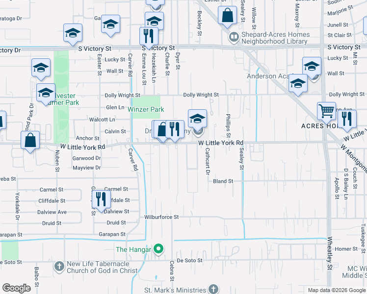 map of restaurants, bars, coffee shops, grocery stores, and more near 2027 West Little York Road in Houston
