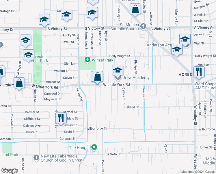map of restaurants, bars, coffee shops, grocery stores, and more near 2027 West Little York Road in Houston