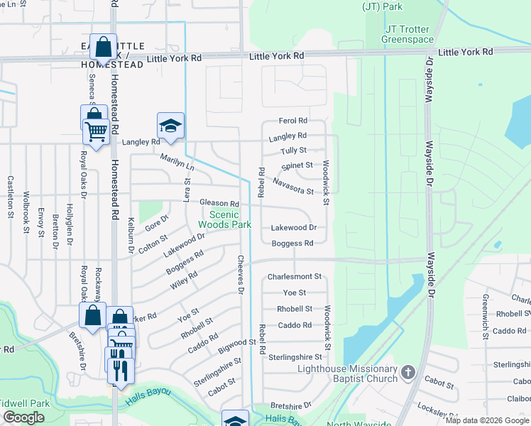 map of restaurants, bars, coffee shops, grocery stores, and more near 10347 Rebel Road in Houston