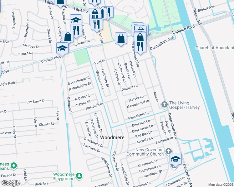 map of restaurants, bars, coffee shops, grocery stores, and more near 2401 Woodmere Boulevard in Harvey