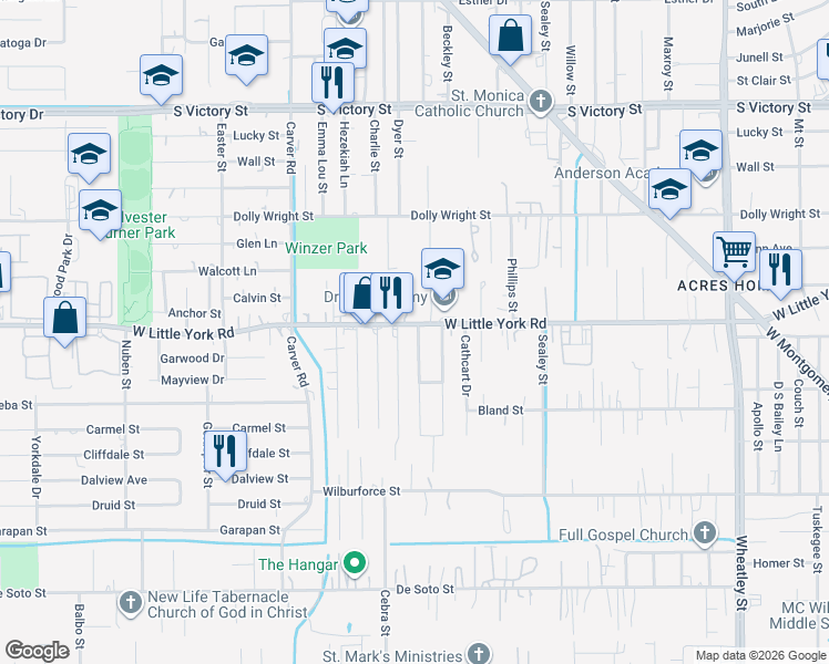 map of restaurants, bars, coffee shops, grocery stores, and more near 2027 West Little York Road in Houston