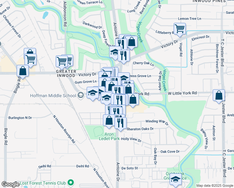 map of restaurants, bars, coffee shops, grocery stores, and more near W Little York Rd & Antoine Dr in Houston