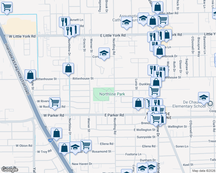 map of restaurants, bars, coffee shops, grocery stores, and more near 416 Dunkley Drive in Houston