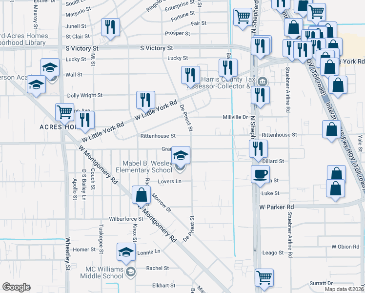map of restaurants, bars, coffee shops, grocery stores, and more near 834 Granville Drive in Houston
