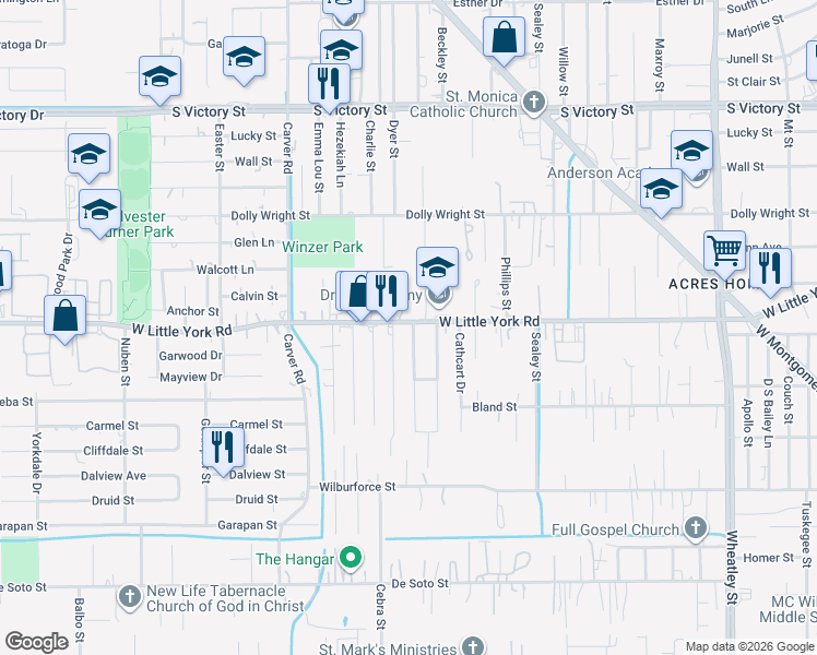map of restaurants, bars, coffee shops, grocery stores, and more near 2027 West Little York Road in Houston