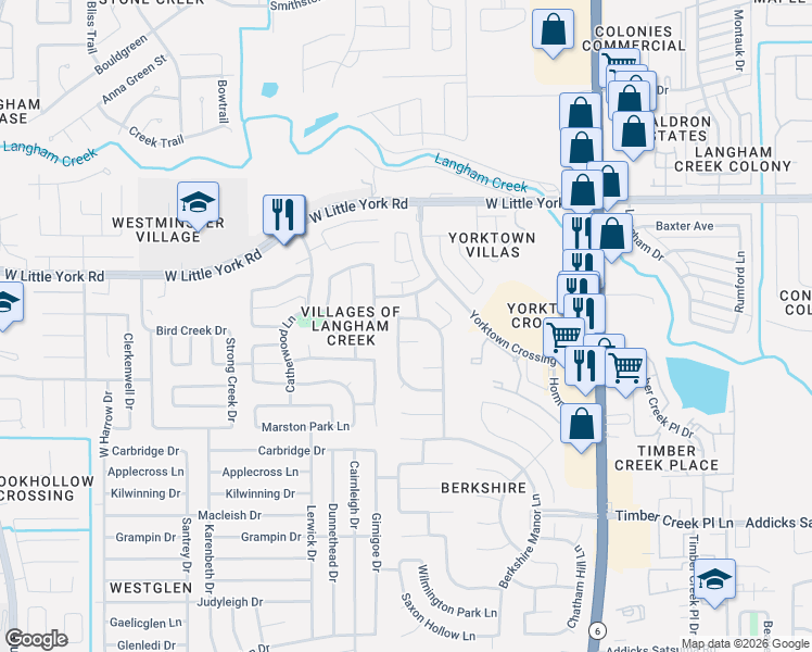map of restaurants, bars, coffee shops, grocery stores, and more near 16219 Fleethaven Lane in Houston