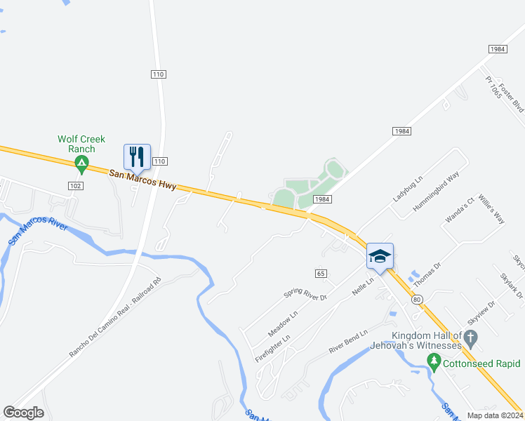 map of restaurants, bars, coffee shops, grocery stores, and more near 19221 San Marcos Highway in Martindale