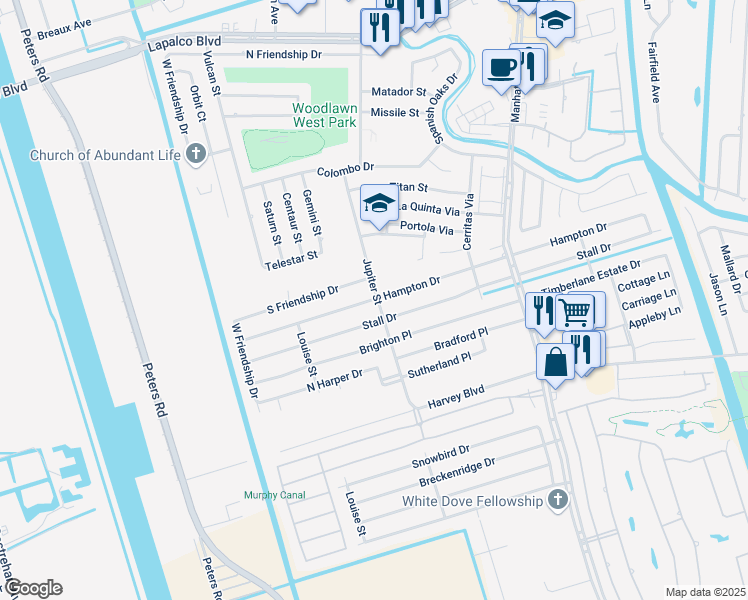 map of restaurants, bars, coffee shops, grocery stores, and more near 2720 Jupiter Street in Harvey