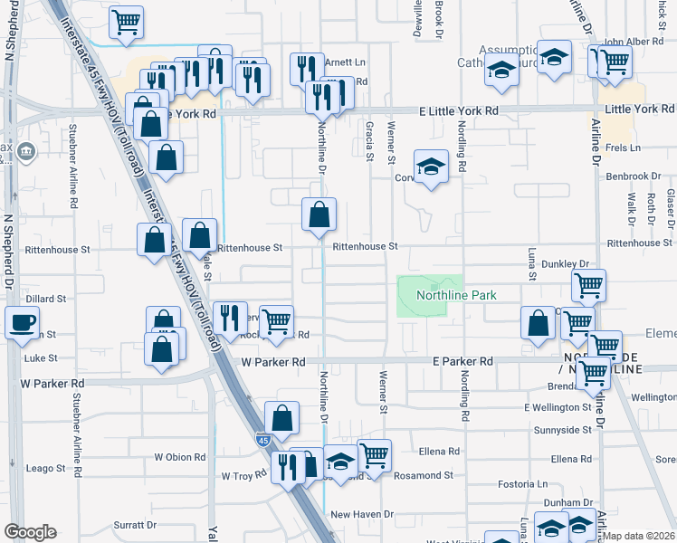 map of restaurants, bars, coffee shops, grocery stores, and more near 110 East Echo Glen Drive in Houston