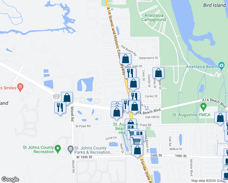map of restaurants, bars, coffee shops, grocery stores, and more near 174 Lions Gate Drive in St. Augustine