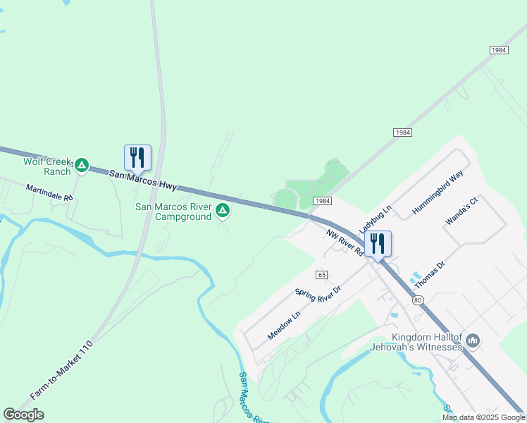 map of restaurants, bars, coffee shops, grocery stores, and more near 19221 San Marcos Highway in Martindale