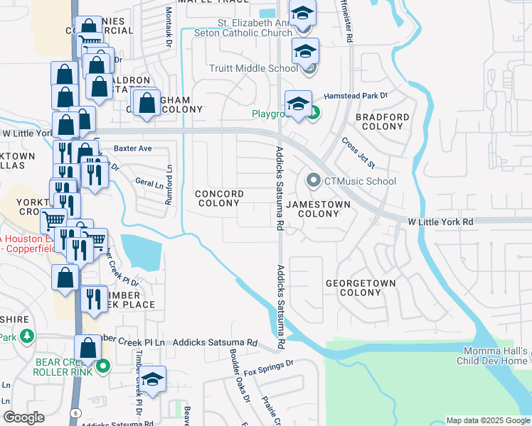 map of restaurants, bars, coffee shops, grocery stores, and more near 15019 Howland Street in Houston