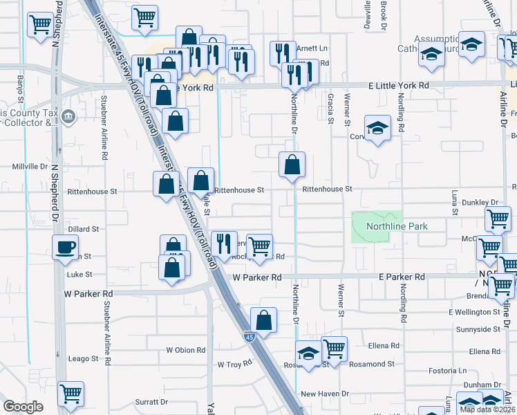 map of restaurants, bars, coffee shops, grocery stores, and more near 213 West Echo Glen Drive in Houston