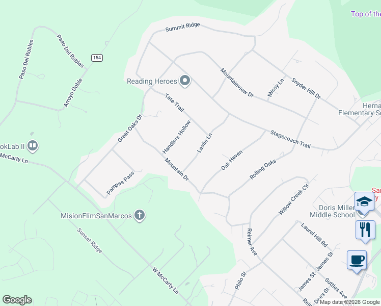 map of restaurants, bars, coffee shops, grocery stores, and more near 2718 Leslie Lane in San Marcos