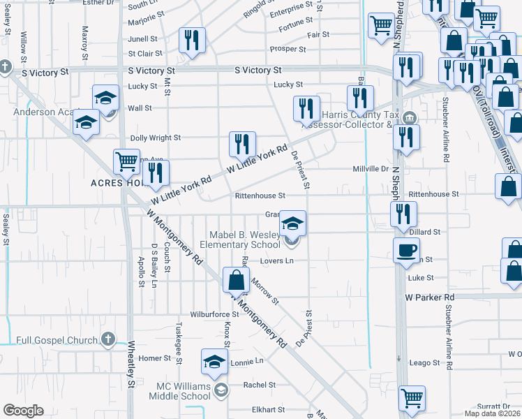map of restaurants, bars, coffee shops, grocery stores, and more near 872 Granville Drive in Houston