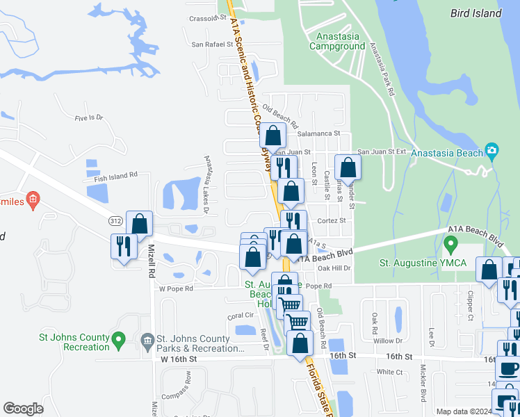 map of restaurants, bars, coffee shops, grocery stores, and more near 152 Lions Gate Drive in St. Augustine