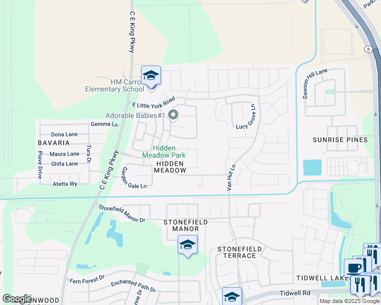 map of restaurants, bars, coffee shops, grocery stores, and more near 9822 Wedgeford Court in Houston