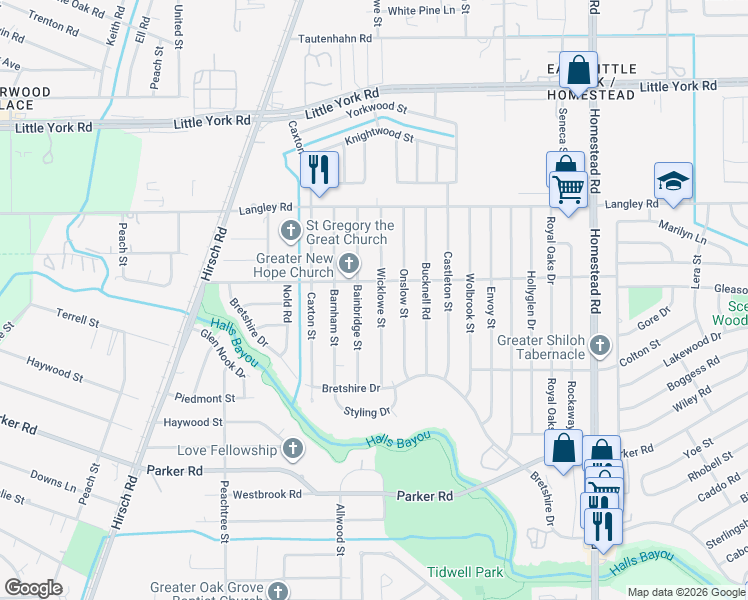 map of restaurants, bars, coffee shops, grocery stores, and more near 10449 Wicklowe Street in Houston