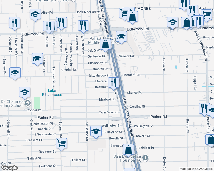 map of restaurants, bars, coffee shops, grocery stores, and more near 1001 Beckman Street in Houston
