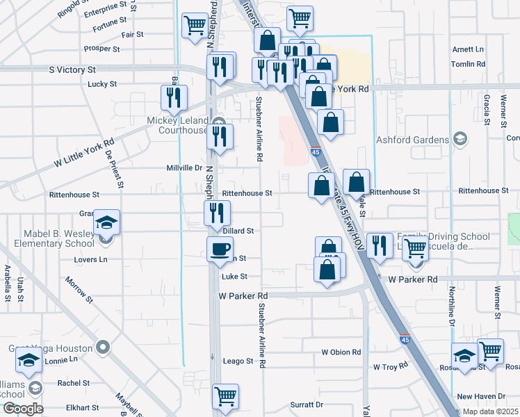 map of restaurants, bars, coffee shops, grocery stores, and more near 577 West Rittenhouse Street in Houston