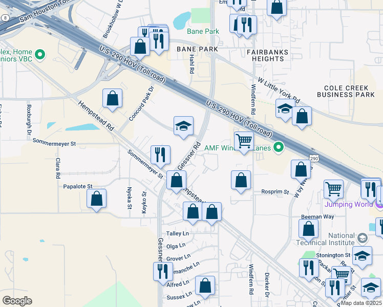 map of restaurants, bars, coffee shops, grocery stores, and more near 6620 North Gessner Road in Houston