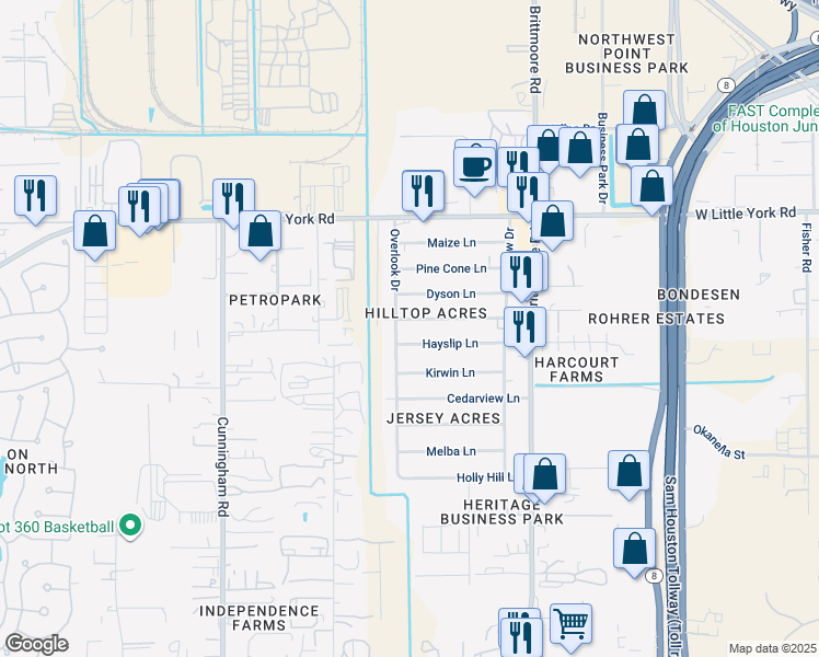 map of restaurants, bars, coffee shops, grocery stores, and more near 11131 Hanning Lane in Houston