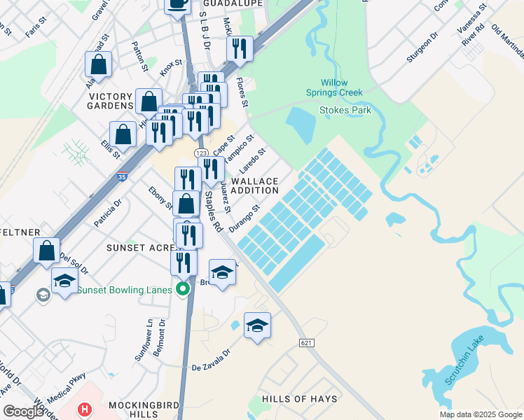 map of restaurants, bars, coffee shops, grocery stores, and more near 224 Durango Street in San Marcos