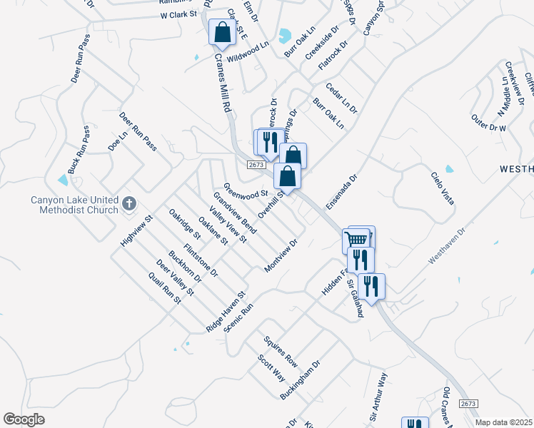 map of restaurants, bars, coffee shops, grocery stores, and more near 1221 Overhill Street in Canyon Lake