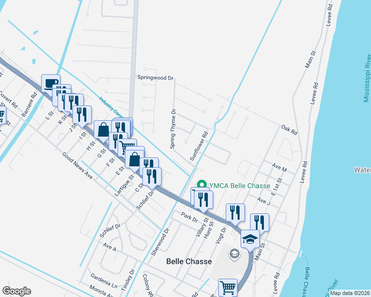 map of restaurants, bars, coffee shops, grocery stores, and more near 115 Ginger Court in Belle Chasse