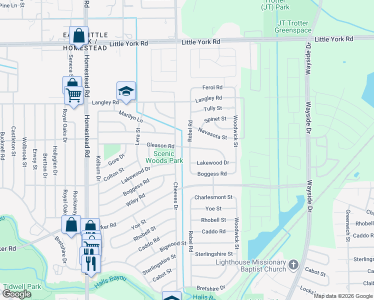 map of restaurants, bars, coffee shops, grocery stores, and more near 10347 Rebel Road in Houston