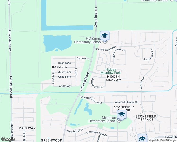 map of restaurants, bars, coffee shops, grocery stores, and more near 9647 C E King Parkway in Houston