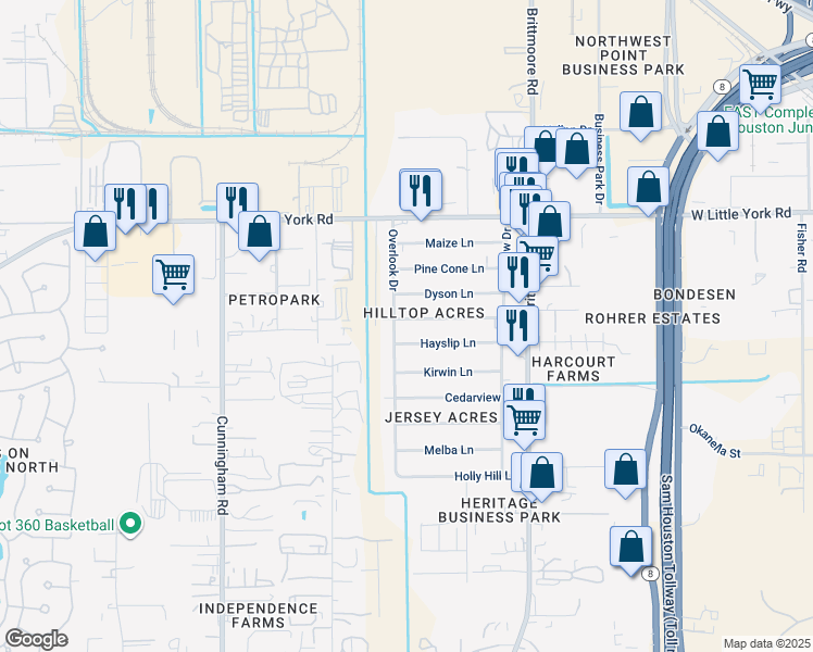 map of restaurants, bars, coffee shops, grocery stores, and more near 11131 Hanning Lane in Houston