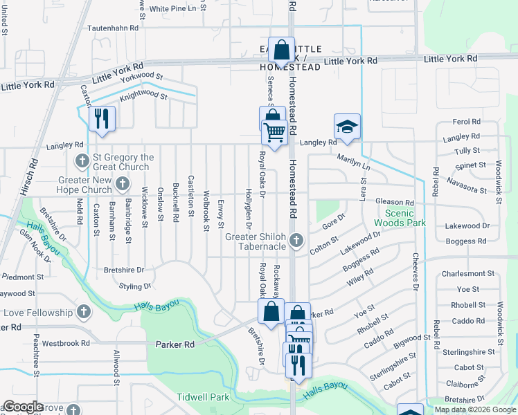 map of restaurants, bars, coffee shops, grocery stores, and more near 10423 Royal Oaks Drive in Houston