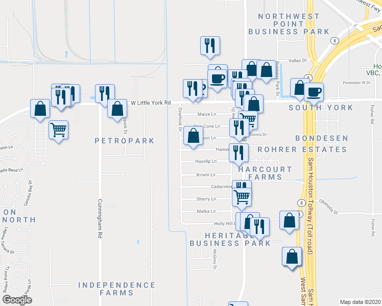 map of restaurants, bars, coffee shops, grocery stores, and more near 11131 Hanning Ln in Houston