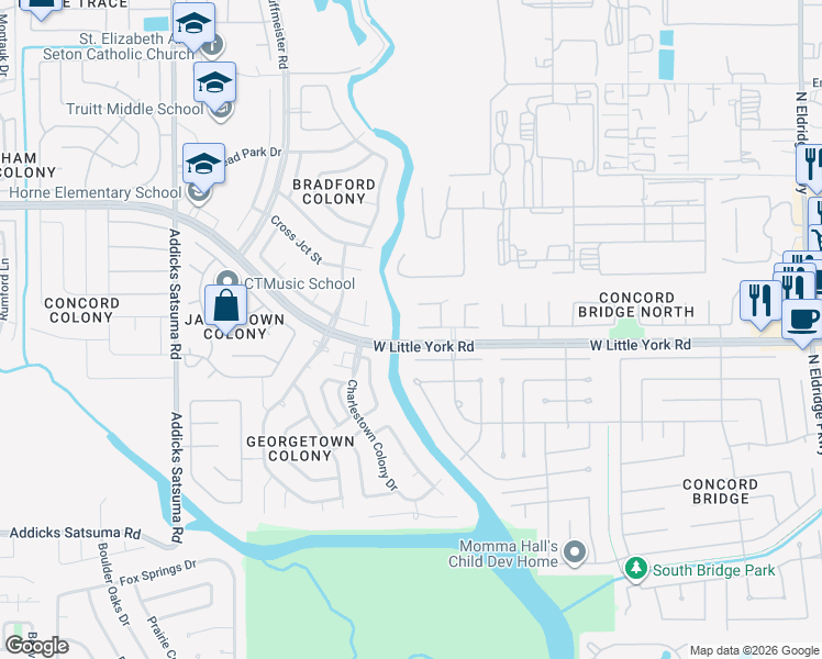 map of restaurants, bars, coffee shops, grocery stores, and more near 14035 Stardust Lane in Houston