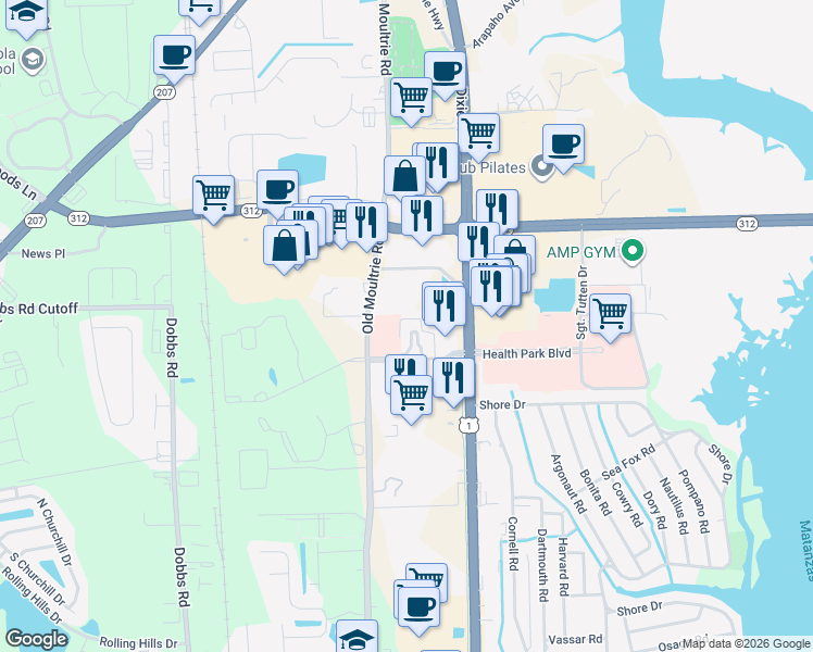 map of restaurants, bars, coffee shops, grocery stores, and more near 240 Southpark Circle East in St. Augustine