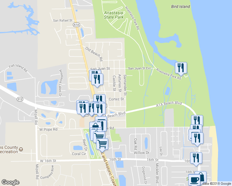 map of restaurants, bars, coffee shops, grocery stores, and more near 1800 Castile Street in St. Augustine
