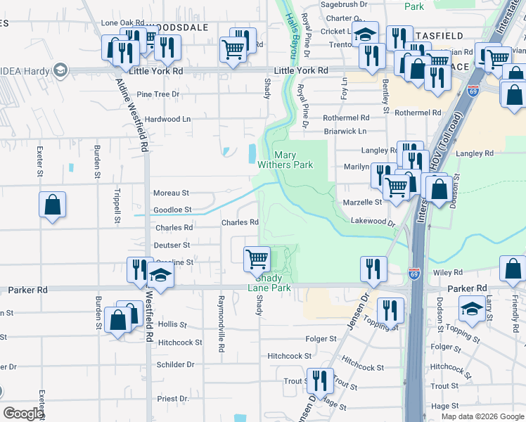 map of restaurants, bars, coffee shops, grocery stores, and more near 10412 Shady in Houston