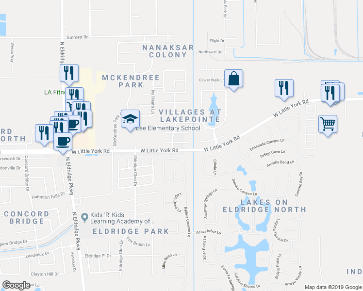 map of restaurants, bars, coffee shops, grocery stores, and more near 12619 Summerwood Glen in Houston